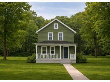 Green two-story house with white trim and porch in a lush wooded area.