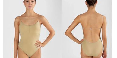 Front and back view of a beige one-piece swimsuit on a model.