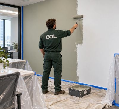 Worker painting a wall grey in an office.