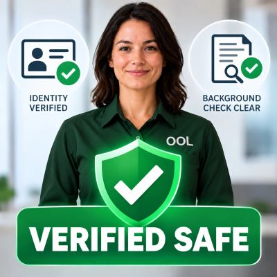 Smiling woman with verified safe badges for identity and background check.