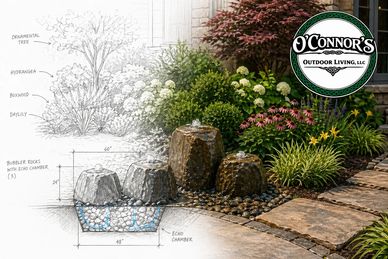 A garden landscape design blending sketch and real elements with water features and plants.