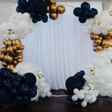 2 metre balloon hoop with white, royal blue and chrome gold balloons
