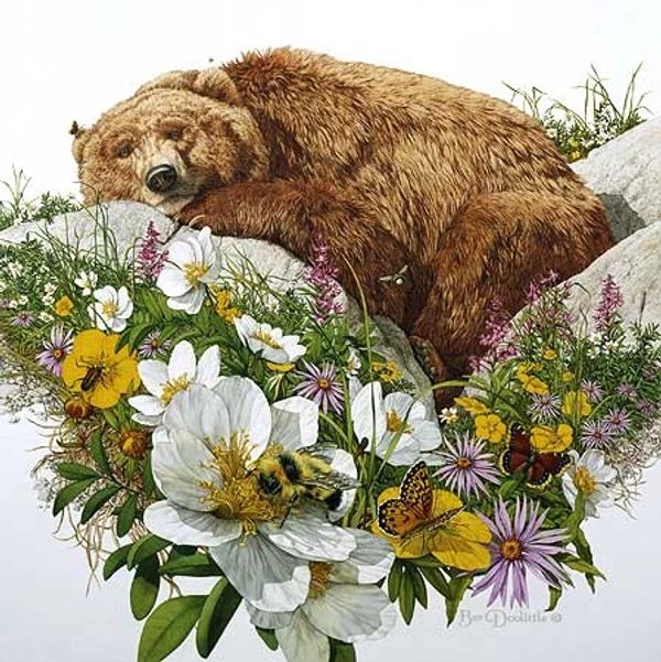 A bear resting among colorful flowers and insects.