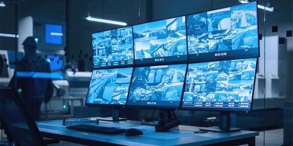 Surveillance monitors displaying multiple camera feeds in a security control room.
