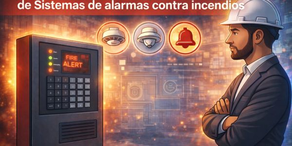 Engineer monitors fire alarm system with alert signals and sensors.