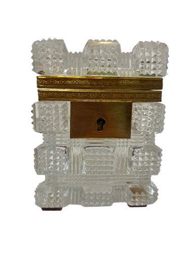 French Faceted Cut Crystal Box With Brass Mounts