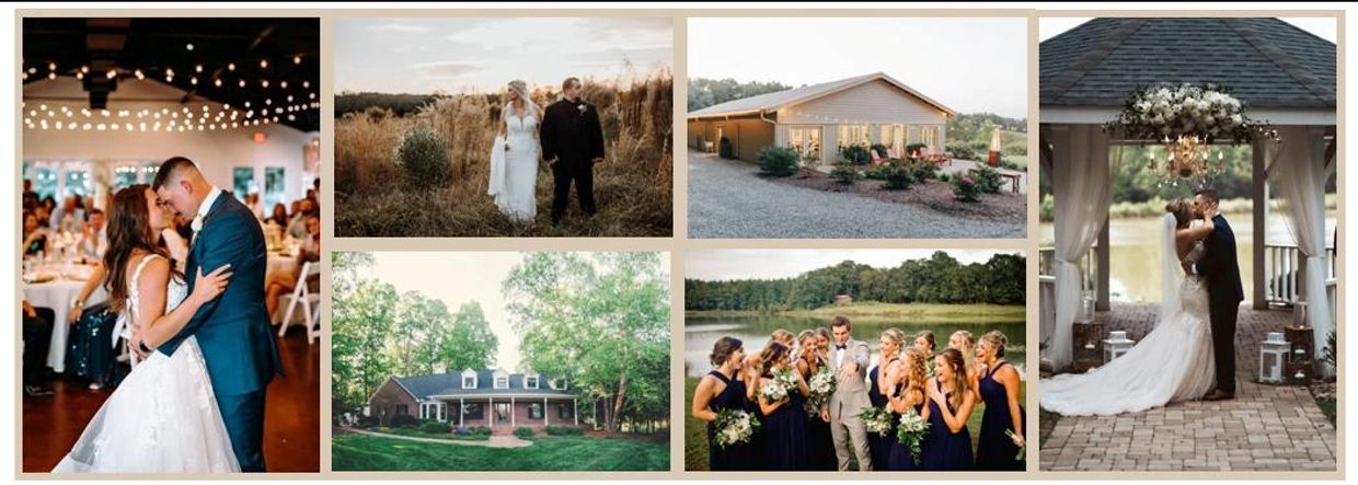 Collage of wedding moments and scenic venues with bride, groom, and bridal party.