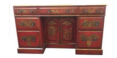 1930s Red Chinoiserie Knee Hole Desk