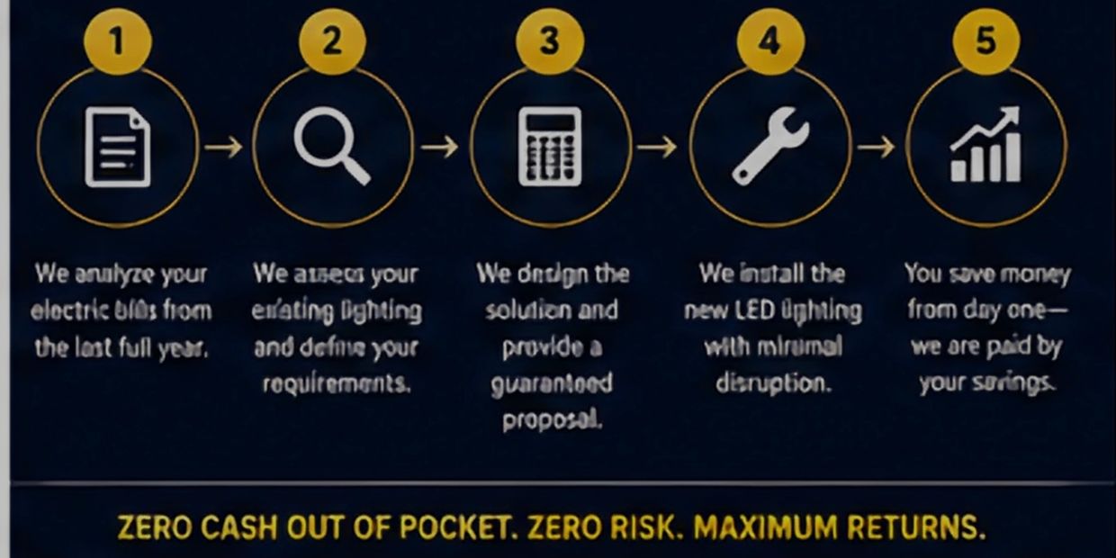 Our Process- How it Works
We analyze your electric bill.
We assess your lighting requirements.
We design a solution that fits your needs and meets your budget with a guaranteed ROI.
We install your fixtures with minimal disruption to your business.
You repay us with your savings until the project is paid off.
You keep the savings forever after that.