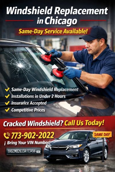 Picture that includes auto glass solutions information , like address phone number and services