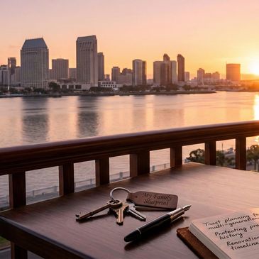 Sunset view over a San Diego skyline with a notebook, pen, and keys on a balcony table.