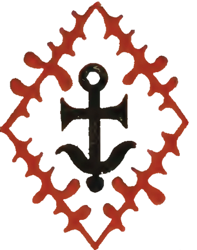 A picture of an Anchor stylized to represent a cross, surrounded by decorative red border.