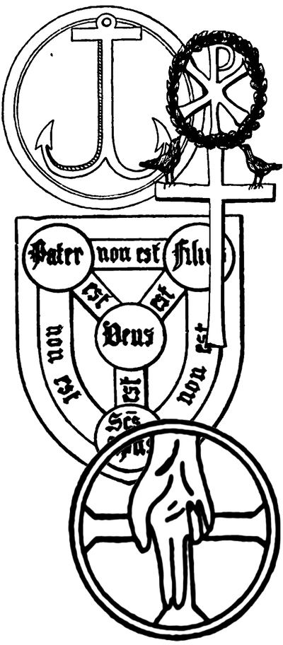A series of shapes used as Christian symbols including and anchor, labarum, Trinity Shield, and halo