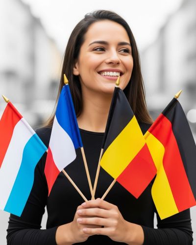 Mulher sorridente segurando quatro bandeiras da Europa.