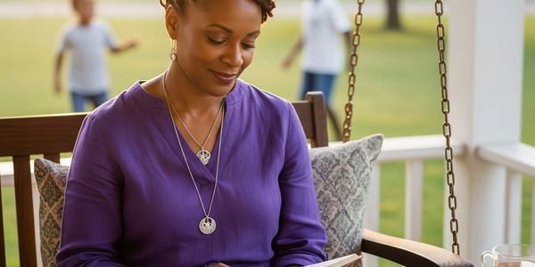 Woman in purple reading on a porch swing.