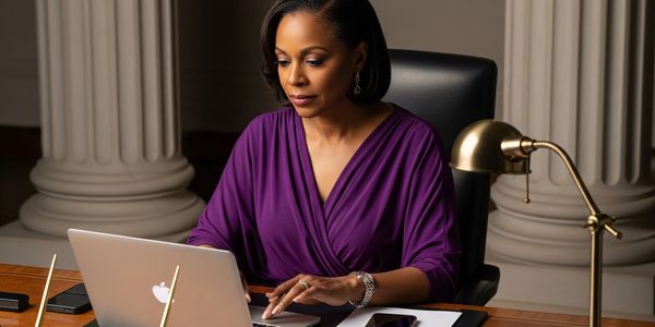 Professional woman working on a laptop at her desk.