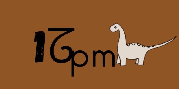 Creative time display showing 1:30 pm with a dinosaur illustration.