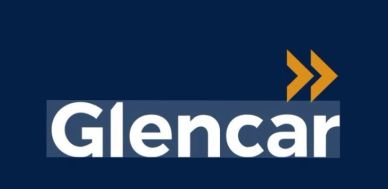 Logo featuring the word 'Glencar' with two orange arrows on a dark blue background.
