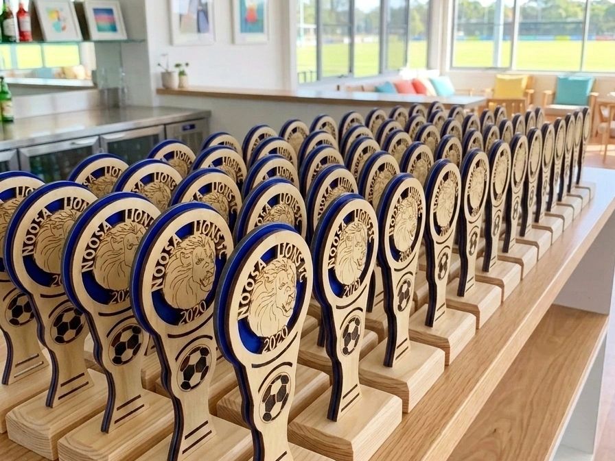 Rows of wooden trophies with lion and soccer ball designs.