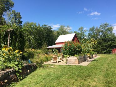 backyard garden access with Adirondack chairs sitting area