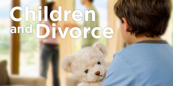 A child holding a teddy bear with parents blurred in the background, symbolizing children and divorce.