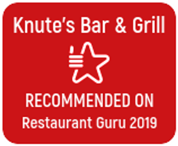 Knutes bar and grill recommended text on red background