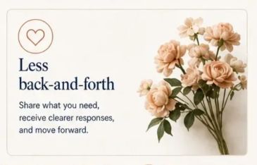 Message about less back-and-forth in communication with flower illustration.