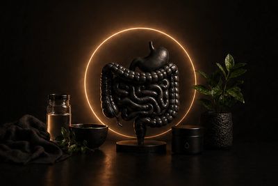 Illuminated model of human digestive system with plants and jars on a dark background.