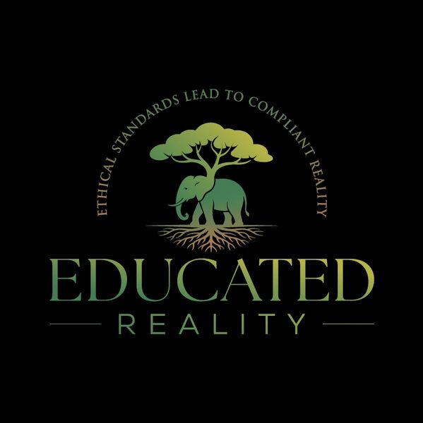 Logo with elephant and tree symbolizing growth and ethics for Educated Reality.