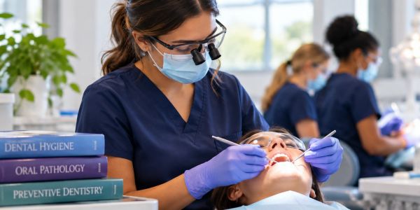 Dental professional examining a patient's teeth with books nearby.