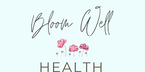 Bloom Well Health logo with blue background and pink flowers in the middle.