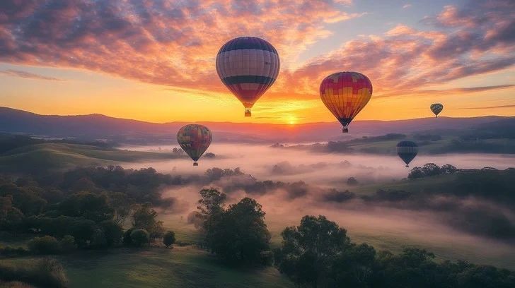 Hot air balloons floating over a misty landscape at sunrise.