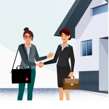 Two women shaking hands outside a house.