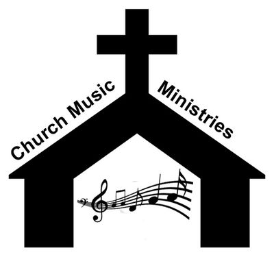 Black church silhouette with a cross and musical notes beneath.