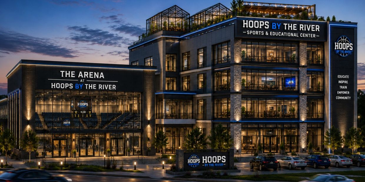 Hoops By The River sports and educational center building at dusk.