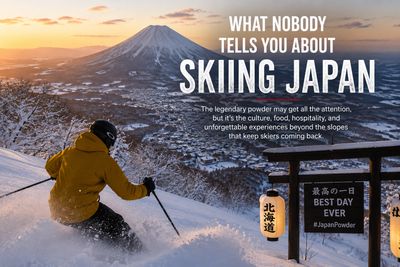 Skier enjoying fresh powder snow with Mount Fuji in the background during sunset in Japan.