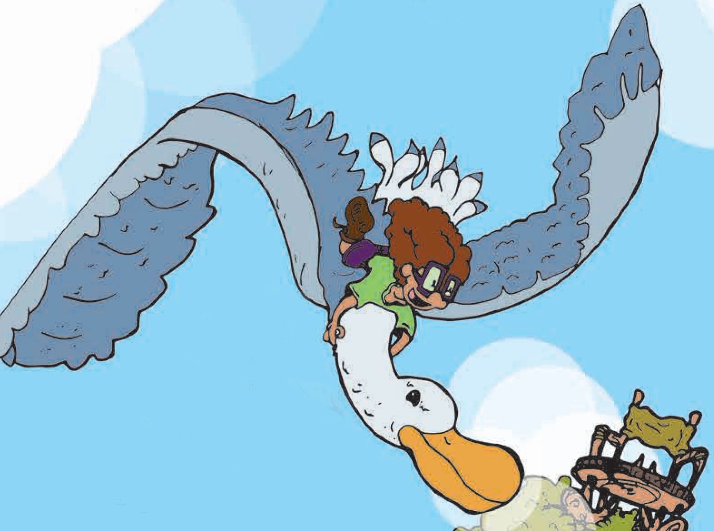 Zara soars on an albatross. Illustration by Sam Moodey. From When the Camel Sneezed