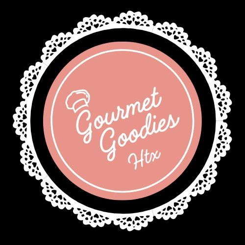 Elegant logo for Gourmet Goodies Htx with a pink circle and lace border.