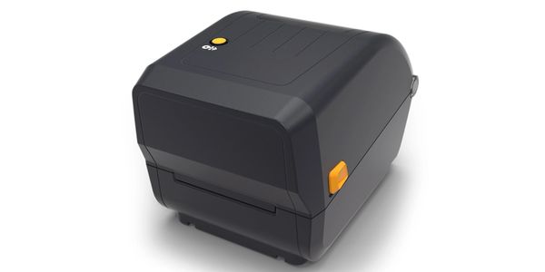 Compact black label printer with orange buttons on a white background.