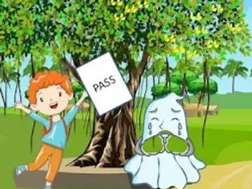 A happy boy celebrates passing an exam while a sad ghost cries under a tree.