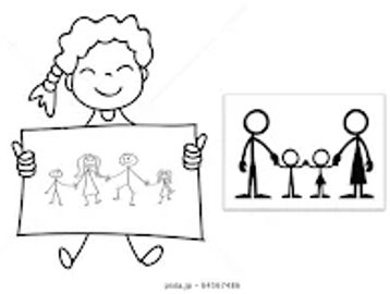 Child holding drawing of a stick-figure family.