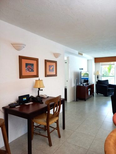 El Cantilo Condo living room deck. Cozumel.