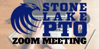 Stone Lake PTO Zoom meeting announcement with eagle logo and workspace background.