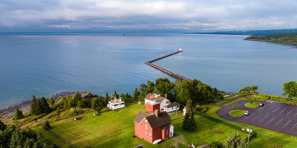 Drone photo of a lighthouse on the north shore in Two Harbors Minnesota