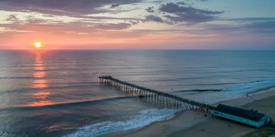 Morning Aerial Photo of the pier in the Outer Banks, North Carolina.
