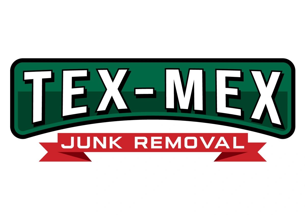 Logo for Tex-Mex Junk Removal with bold text and ribbon design. Eco-friendly junk removal, junk pickup Jersey Village and Junk removal services.