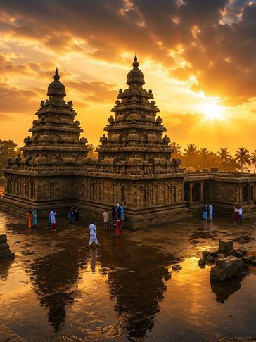 Ancient temple at sunset with reflections.