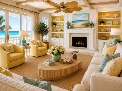 Bright living room with yellow chairs, ocean view, and cozy fireplace.