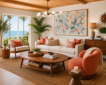 Cozy living room with ocean view, warm wood tones, and coral accents. Combining Coastal and Midcentury Modern designs is a way to make your living room feel fresh and unique to you.
