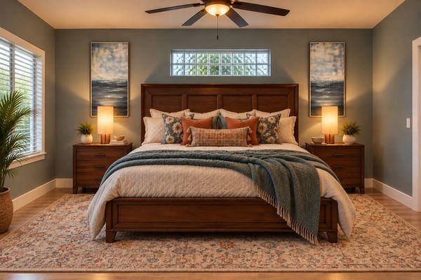 Cozy bedroom with wooden furniture and warm lighting.